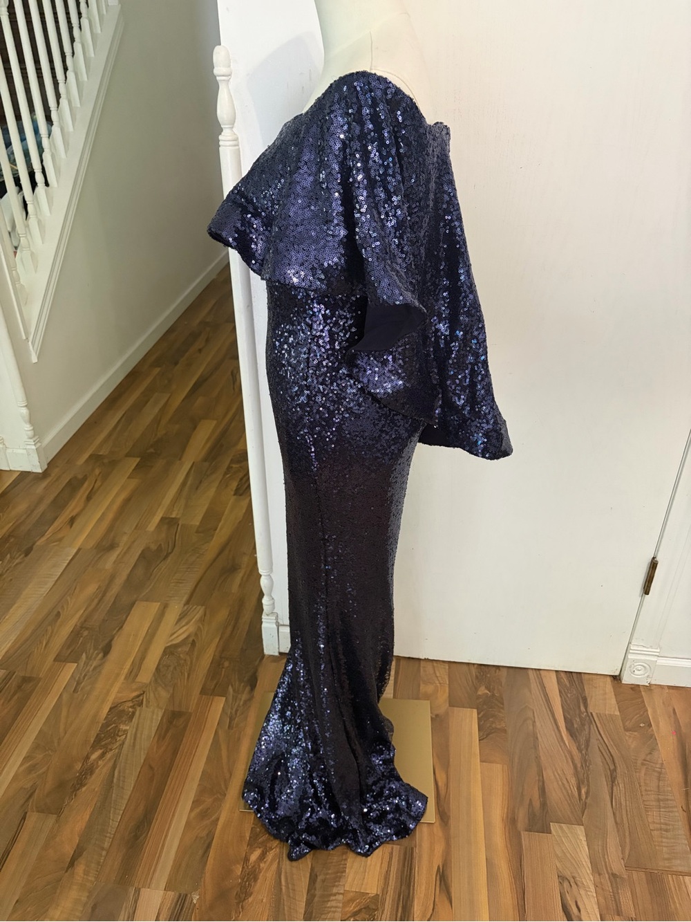 Violet Navy All Over Sequin Off-Shoulder Cape Long Gown, Small, Like New